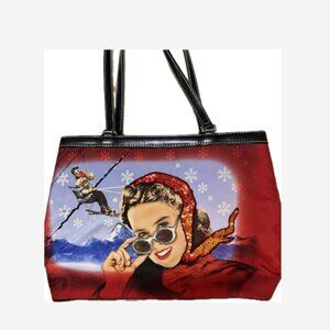 Vintagag Handbag Woman/Ski Slope Red Graphics Sequins/Front 2 Zip Compartments+